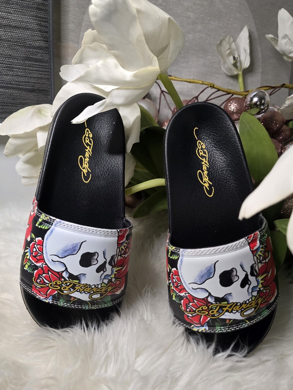 Ed Hardy iconic ed hardy skull red roses printed rubber pool slides New